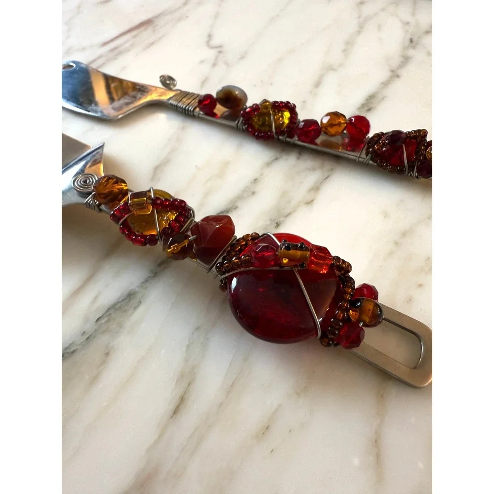 Vintage Faberware Y2K Decorative Beaded Cake Knife & Server Set Red Amber